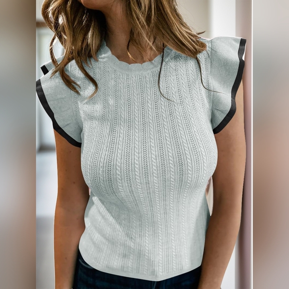 Ruffled Round Neck Cap Sleeve Knit Top - Picture 3 of 5